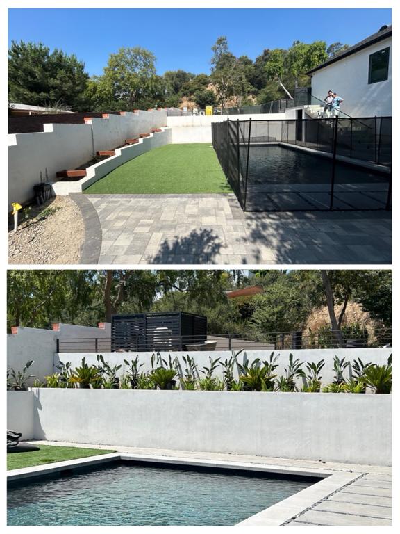 Two views of a poolside garden with planting beds from Annethe's portfolio