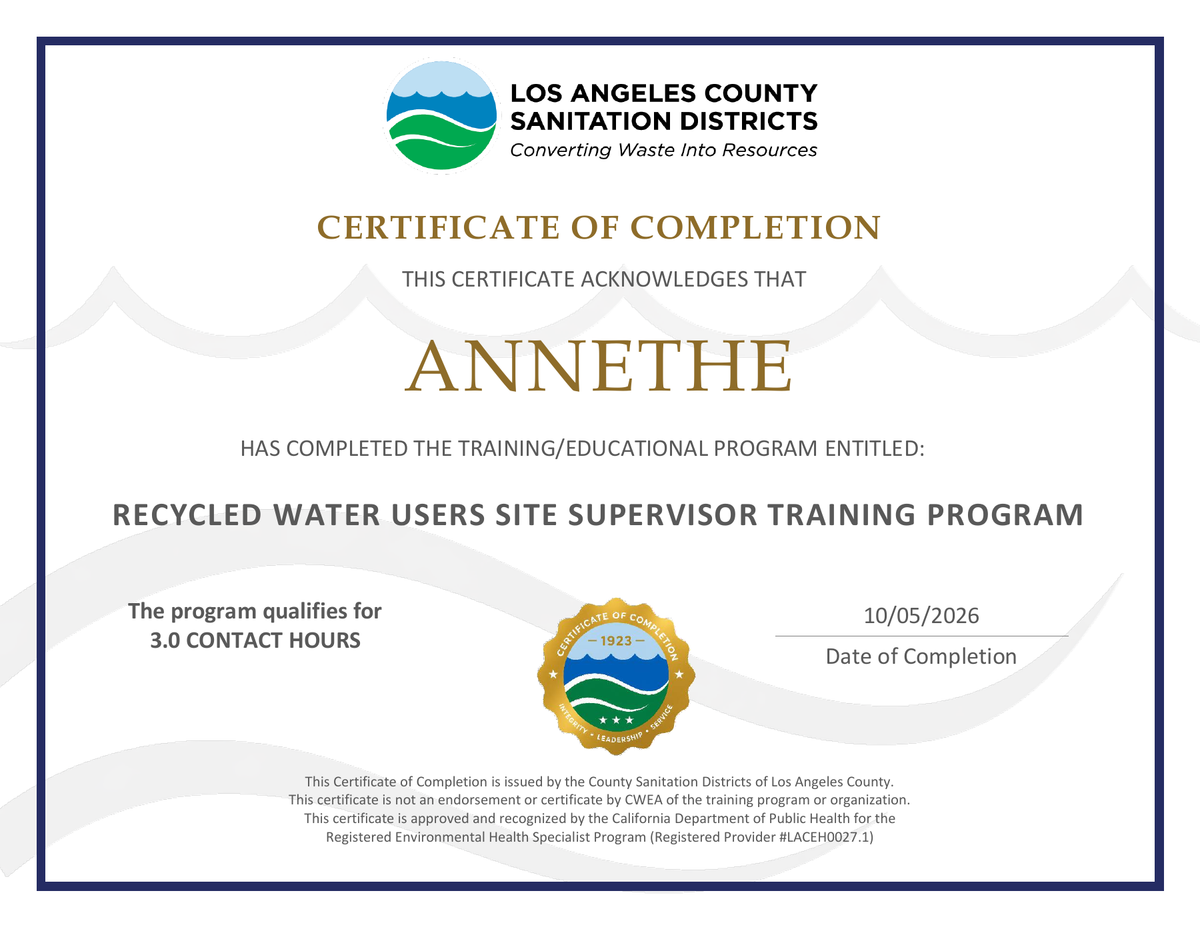 Annethe training completion certificate, October 5, 2026, Recycled Water Users Site Supervisor Training Program